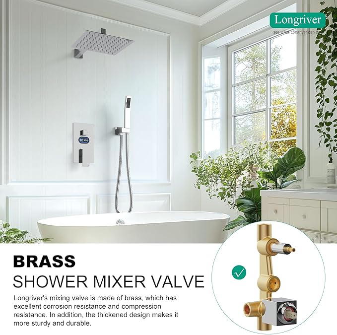 Shower Faucet Set with Hydro Power Temperature Display, Shower System Bathroom 12 Inches Shower Head with Handheld Spray, Wall Mounted Shower Fixtures with Shower Valve and Trim Kit, Polished Chrome
