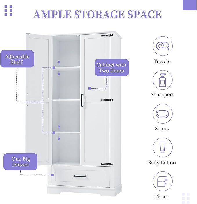 Favfurish 69" Tall Bathroom Storage Cabinet with Doors and Drawer,Modern Linen Cabinets w/Adjustable Shelf and Anti-Toppling Device,Freestanding Organizer for Bath Room,Study,Office,Kitchen White