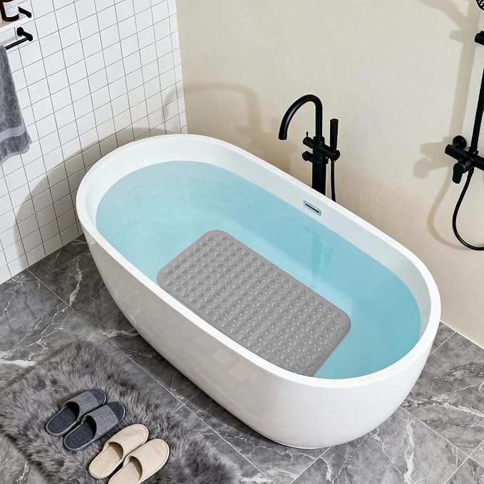 Anti-Slip Bathtub Shower mat, 27.5×14.5（Approximately 70×37cm） inch Soft Oversized Machine Washable Non-Slip Bathtub mat with Drainage Holes, Bathroom Floor Suction Cup.（1-Opaque Gray）