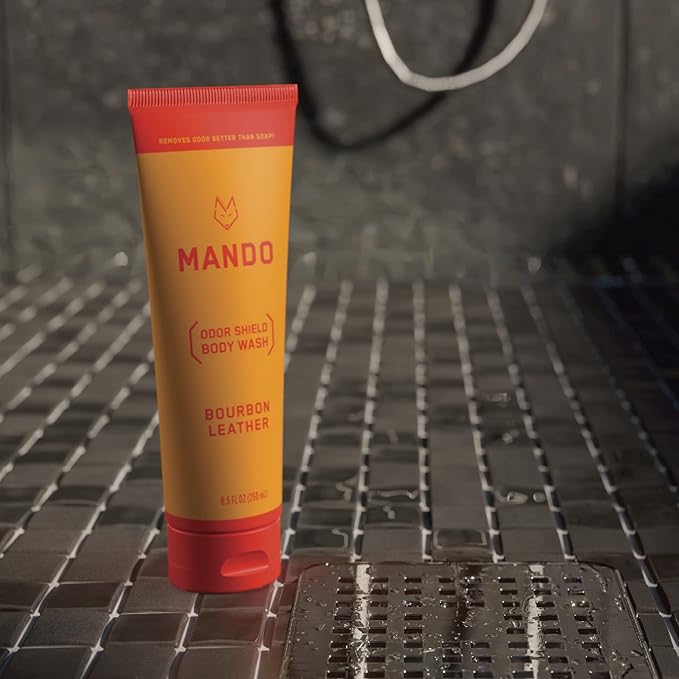 Mando Odor Shield Body Wash - 24 Hour Control - Removes Odor Better than Soap - SLS and Paraben Free, Skin Safe - 8.5 Ounce (Bourbon Leather)