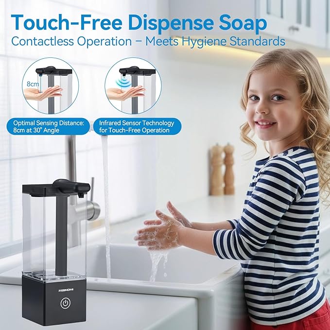 Automatic Soap Dispenser Touchless, Soap Dispenser Bathroom, Large Transparent Reservoir&Wall Mount, Type-C Rechargeable&3-Level Adjustable, Water-Resistant, Kitchen, Hotel, and School, Black