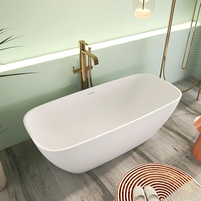 67" Premium Solid Surface Freestanding Bathtub, Upgraded Modern Design Stand Alone Tub with Overflow and Pop-up Drain, Matte White