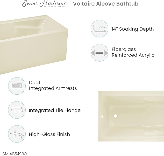 ﻿Voltaire 54" X 30" Left-Hand Drain Alcove Bathtub with Apron in Bisque