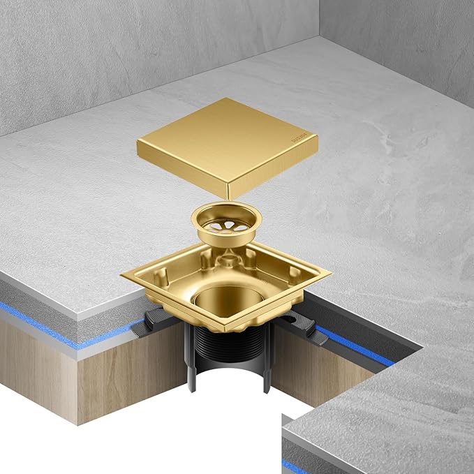Hidden Brushed Square Shower Floor Drain, Gold 4 inch, 304 Stainless Steel, with Flange, Detachable Cover Embedded in Ceramic Tiles