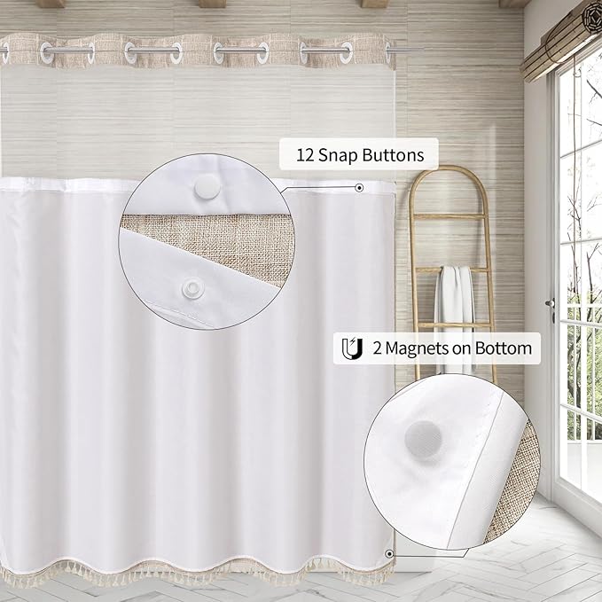 MitoVilla No Hooks Required Farmhouse Shower Curtain with Snap-in Liner - with Window & Magnets, Boho Cotton Linen Fabric Shower Curtains with Tassels for Rustic Bathroom Decor, Tan/Taupe, 72 x 74