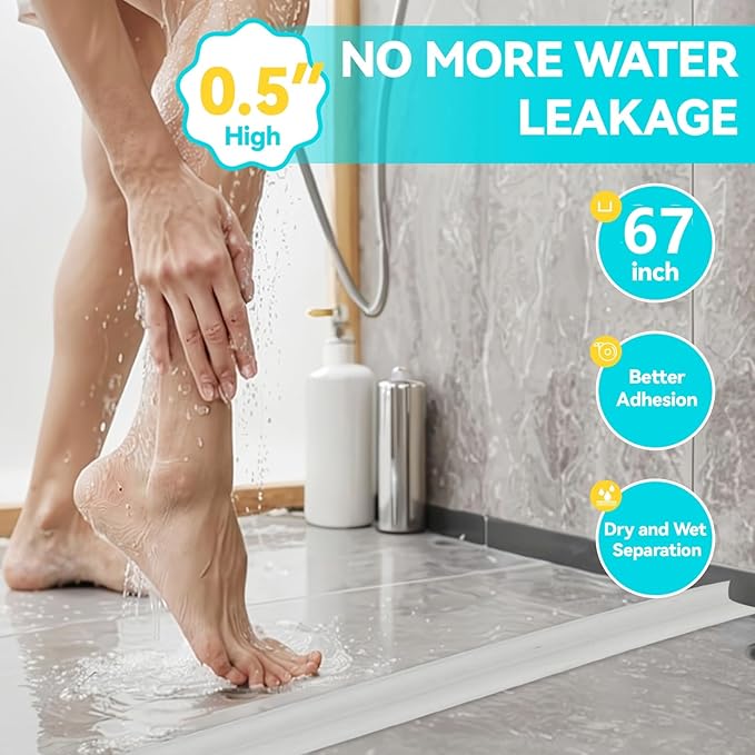 Shower Threshold Water Dam Barrier 67", Silicone Sealant Included, Collapsible Self-Adhesive Water Blocker, Shower Door Water Stopper for Floor Bathroom Kitchen Bathtub Sink
