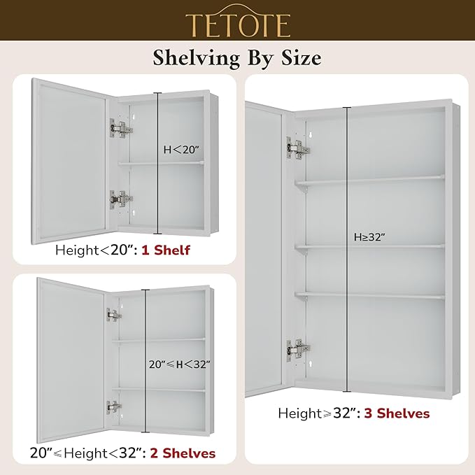 TETOTE 14 x 18 Medicine Cabinet with Tempered Beveled Mirror White Bathroom Mirror with Storage Aluminum Cabinet DTC Hinges, Stepless Adjustable Shelves, Recessed/Surface-Mounted