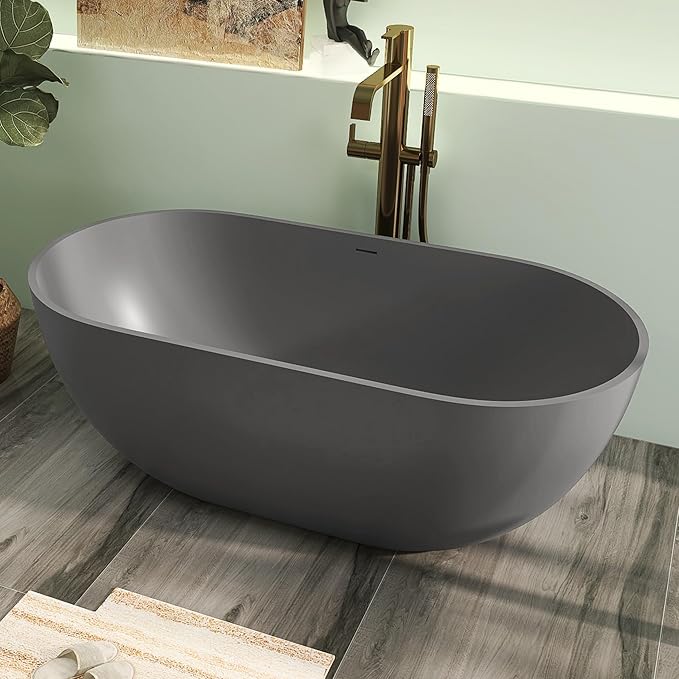 59" Premium Solid Surface Free Standing Bathtub, Oval Stone Resin Tub with Overflow and Pop-up Drain, Matte Dark Grey