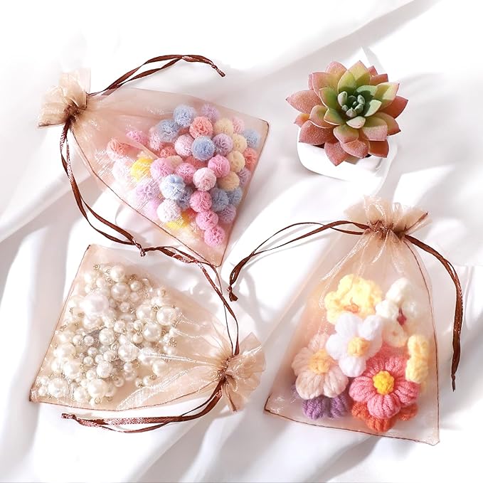 Hopttreely 100pcs Organza Bags, Light Brown 4''x4.72''(10x12cm) Satin Drawstring Organza Pouch Wedding Party Favor Gift Bag Jewelry Watch Bags