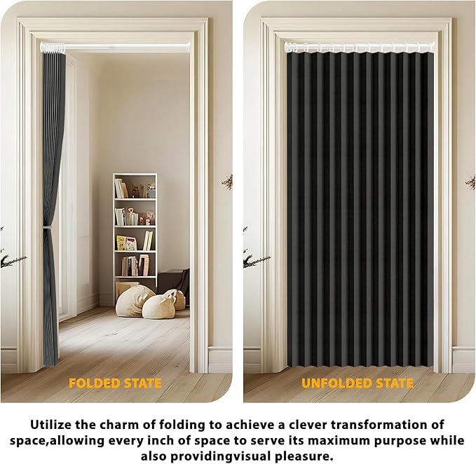 Accordion Door Curtain Set - 100% Blackout, with Curtain Rod Included, for Bedroom Privacy Protection (Black-53 W x 78" L+Rod)