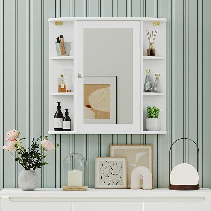 RELAX4LIFE Bathroom Wall Cabinet with Mirror - Medicine Cabinet w/Door & Open Shelves, Over The Toilet Storage Cabinet Organizer, Mirrored Bathroom Cabinet Wall Mount (White)