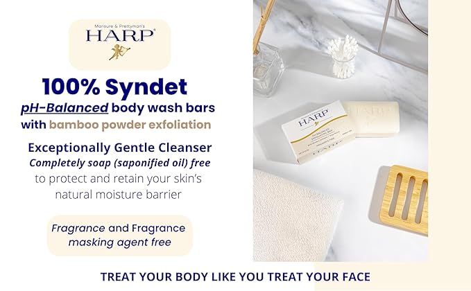 HARP pH-Balanced (5.0-6.0) Exfoliating Body Wash Bar - FRAGRANCE FREE. Bamboo Powder Exfoliation -the perfect consistency. Soap/Lye/Preservative/Dye/Masking agent-Free. Non-comedogenic.