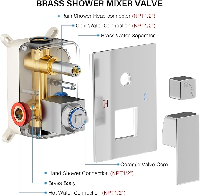 Shower Faucet Set Bathroom Square Rain Shower Head and Handle Set, Wall Mounted Shower Fixtures, Full Metal Trim Repair Kit 10 inch Polished Chrome (With Shower Valve)