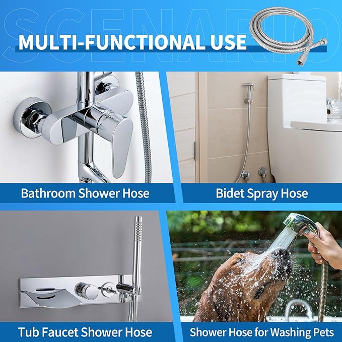 59" Metal Shower Hose Replacement Handheld Kink Free Stainless Steel Shower Head Wand Hose Extension Extra Long with Brass Insert and Nut, Durable & Flexible for Pet Bathing Cleaning