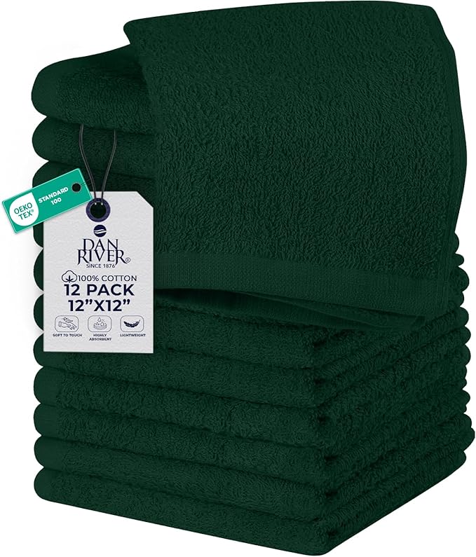 DAN RIVER 12 Pack Wash Cloths for Showering [12x12] - 100% Cotton Washcloths Premium Quality Flannel Face Cloths for Bathroom, Highly Absorbent and Soft Feel Wash Clothes, Hunter Green