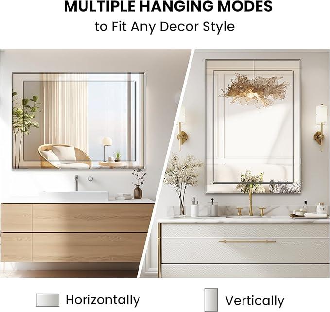 VASUHOME 22x32 Inch Frameless Double Layered Mirror with Polished Beveled Edge, HD Walll Vanity Mirror - Ideal for Bathroom, Living Room, Washroom, and Bedroom
