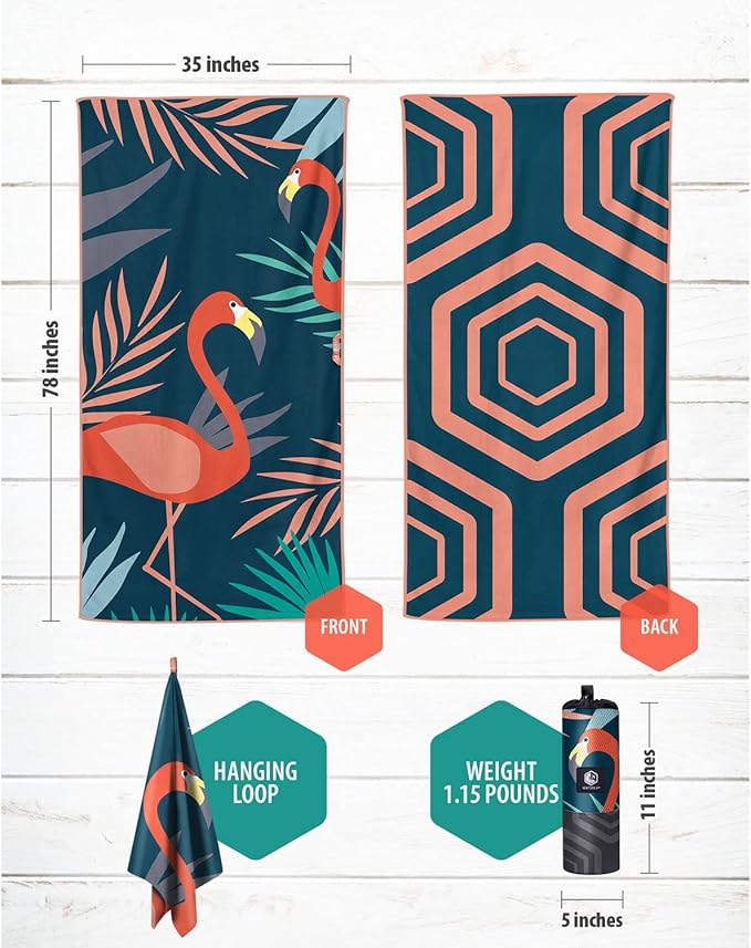 VENTURE 4TH Microfiber Beach Towel: Quick-Dry, Compact, Sand-Free, Absorbent, Sandproof and Lightweight - Perfect for Camping, Beach, and Roadtrips (Navy Flamingo Design | 35x78 inches)