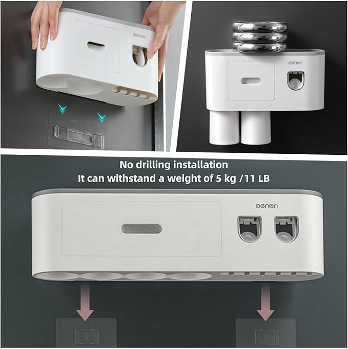 No-Drill Wall Mounted Toothbrush Holder, Bathroom Shelf, with Automatic Toothpaste Dispensers 4 Brush Hooks 2 Magnetic Cups 1 Cosmetic Drawer Organizer and Large Storage (1 Dispenser 2 Cups)