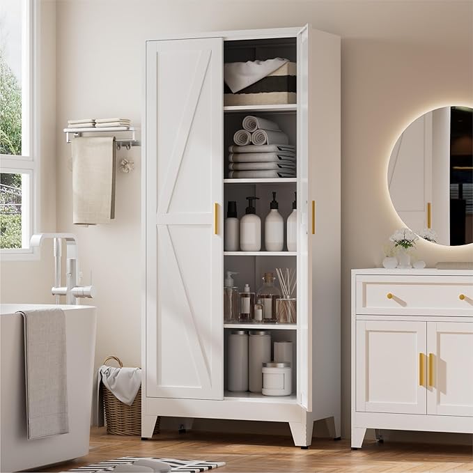 Metal Kitchen Pantry Cabinet,71" White Farmhouse Storage Cabinet with 2 Vintage Barn Doors and 4 Adjustable Shelves, Rustic Freestanding Cupboard for Kitchen,Home Office Living Room,Dining Room