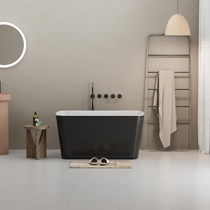 Abruzzo 49" Small Freestanding Bathtub - Square Acrylic Soaking Tub for Small Spaces, Japanese Style Deep Soak with Chrome Overflow & Quick Drain, Gloss Black cUPC Certified Compact Bathtub