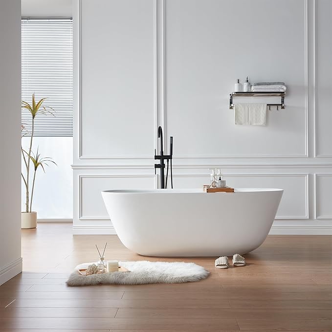 Cpingao 66.9"Lx33.5"Wx22"T Stone Resin Solid Surface Freestanding Bathtub, Modern Elegant Design Soaking Stand Alone Tub, Matte White, Nickel Drain and Overflow Included 8823A