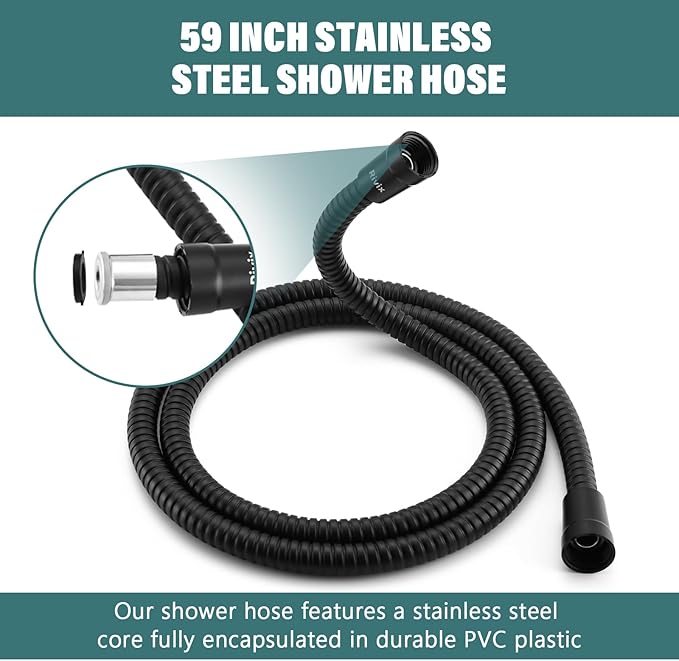 Shower Hose 59-Inch Extra Long Shower Hose-Replacement-PVC Encapsulated Stainless Steel Core,Rust-Resistant &No Teflon Tape Needed,Flexible&Kink-Resistant for Handheld Shower Heads Pets,RV Black