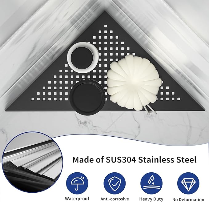 Corner Shower Shelves, 12" Matte Black 304 Stainless Steel Recessed Shelf for Bathroom, Grout in Shelf for Tiled Wall, 2 Pack Large Size