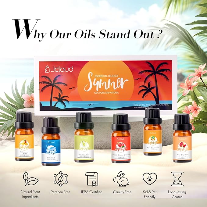 JCLOUD Summer Fragrance Oils Set | Hotel Diffuser Oil & Home Luxury Scents - Gift Set of 6 Summer Essential Oil for Diffusers for Home, Fresh Citrus, Tropical Fruity & Clean Aquatic, 6x10mL