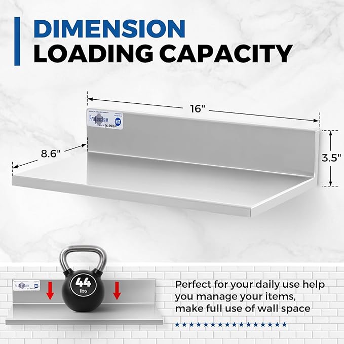 Profeeshaw Stainless Steel Shelf Wall Mounted Commercial Stainless Steel Shelves 8.6 * 16 Inch 44lb Heavy Duty Commercial Kitchen Shelf for Restaurant, Bar, Utility Room, Kitchen and Garage