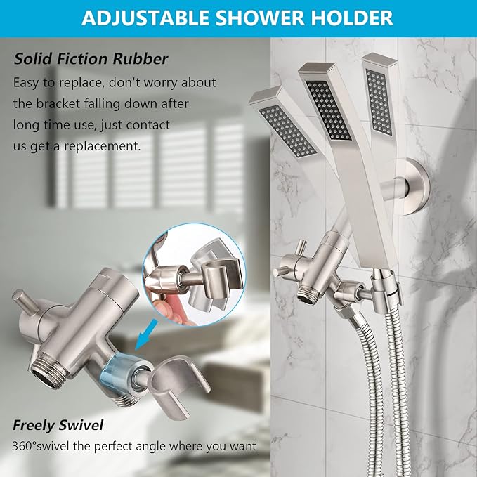 PDPBath Solid Brass 3 Way Shower Arm Diverter Valve with Handheld Holder for Dual Shower Heads with G1/2 Universal Connection - Brushed Nickel