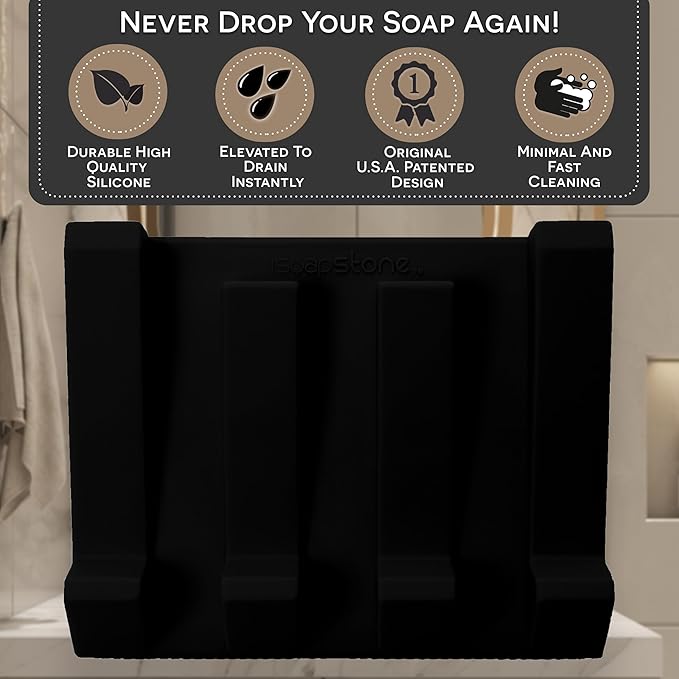 Silicone Soap Dish (USA Patented) Self Draining Bar Soap Holder for Shower Bathroom Sink, Drying Soap Dish Tray Sponge Holder Easy Cleaning Soap Saver Travel Accessories (Black, 1)