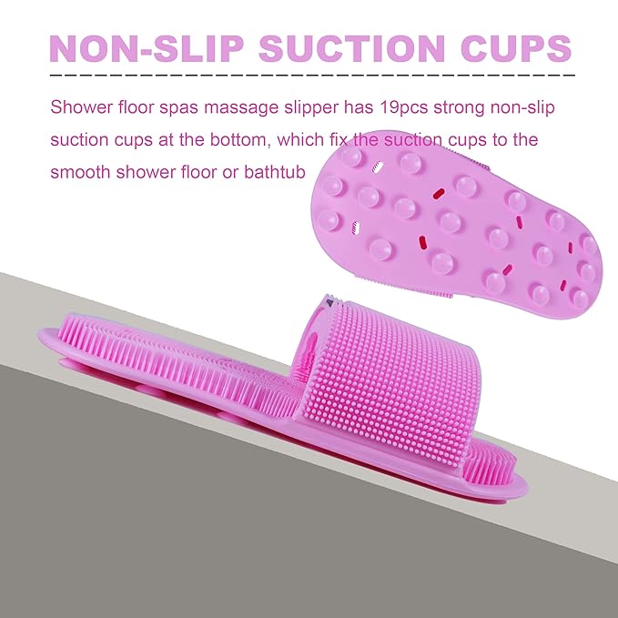 Shower Foot Scrubber with Non-Slip Suction Cups, Silicone Bristle Shower Foot Cleaning Brush Slipper for Spa Massager Exfoliating Dead Skin Remover (1 PCS) (Pink)
