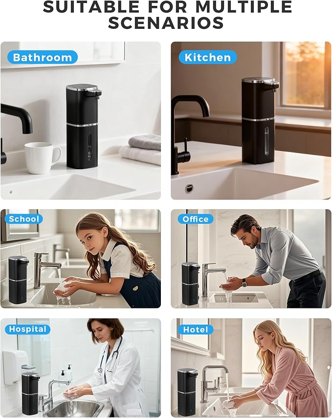 Automatic Liquid Soap Dispenser, 12.8oz Rechargeable, Adjustable Liquid Levels, IPX5 Waterproof, Touchless & Wall/Tabletop Use for Kitchen Bathroom, Black