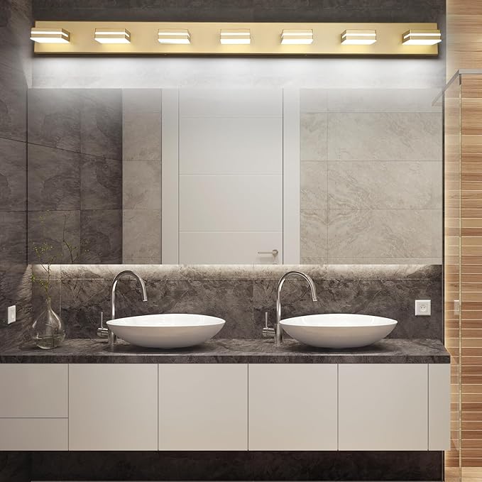 SineRise LED Modern Bathroom Vanity Light Fixtures (7-Light, 55-Inch), Gold Modern Acrylic Bathroom Wall Lighting Fixtures Over Mirror (Cool White 6000K)