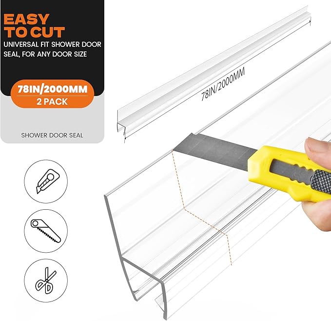 2PCS 78" Shower Door Side Seal Strip for 3/8" (10mm) Frameless Glass, Clear PVC Waterproof Shower Sweep, Easy to Install, No Adhesive Needed, Cuttable & Durable for Leak Prevention