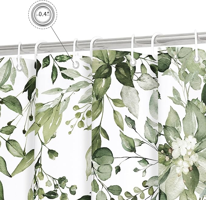 Gibelle Long Shower Curtain 72 x 78, Tall Olive Green Floral Shower Curtain for Bathroom, Watercolor Plant Eucalyptus Leaves Fabric Shower Curtain Set