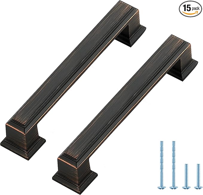 Ravinte Hardware 15 Pack Oil Rubbed Bronze Cabinet Pulls, 3-3/4 Inch (96mm) Hole Center Zinc Alloy Drawer Handles for Kitchen Cabinets, Cupboards, Dressers, Square Solid Metal Hardware