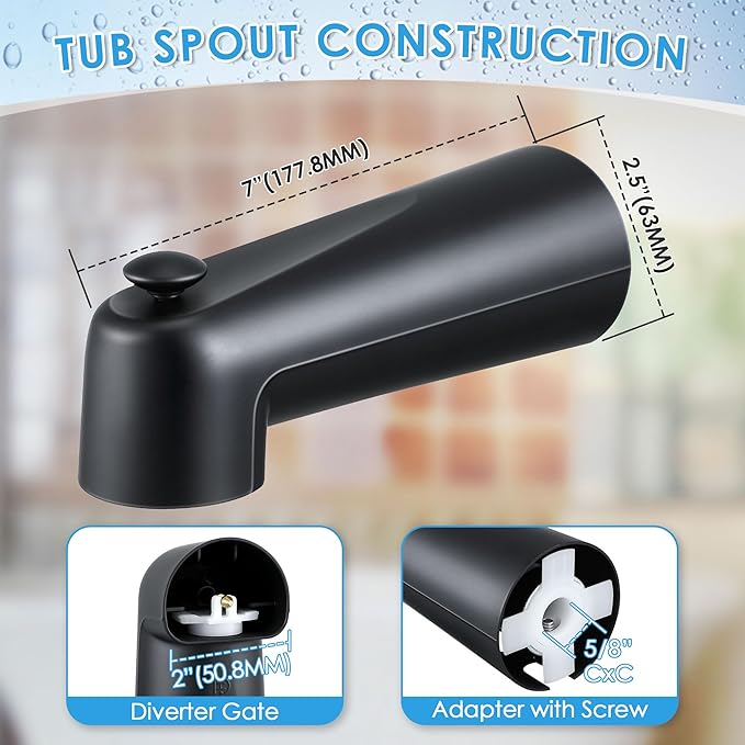 Enhon 7 Inch Slip on Tub Spout with Diverter, Compatible with Moen 3839/Moen 3853, Bathtub Diverter Spout Fits 1/2" Copper Water Tube(5/8" Diameter), 5/32" Hex Wrench(Matte Black,Classic)