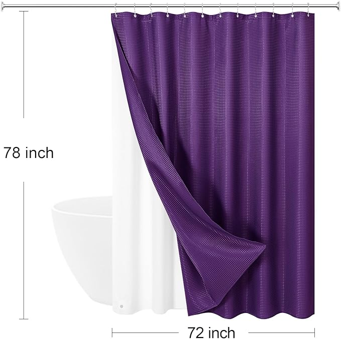 3 in 1 Long Purple Shower Curtain Set-72 W x 78 H, Modern Waffle and PEVA Liner Set with 12 Stainless Steel Hooks, Waterproof Fabric for Bathroom