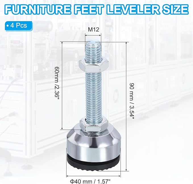 PATIKIL Furniture Leveling Feet 1.6" Dia Base M12 Thread, 4 Pcs Carbon Steel Adjustable Threaded Furniture Levelers Screw on Leg Leveler with Pads for Desk Chair Cabinet, Black