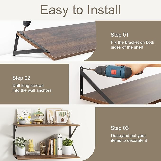Fun Memories 40 Inch Floating Shelves, 12 Inch Deep Wall Shelf, 40 x 12 Floating Shelf Set of 2, Wood Floating Shelf Wall Mounted, Large Kitchen Living Room Bedroom Storage Shelves, Walnut