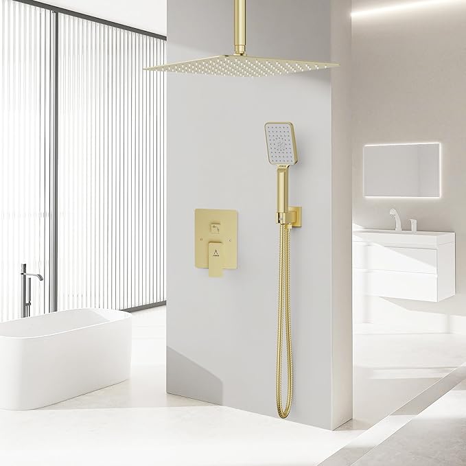 Shower System 12IN Modern Rain Brass Faucet Set With Valve and Diverter Shower Mixer With Handheld High Pressure Square Rainfall Shower Valve (12'' Ceiling Mount, Brushed Gold)