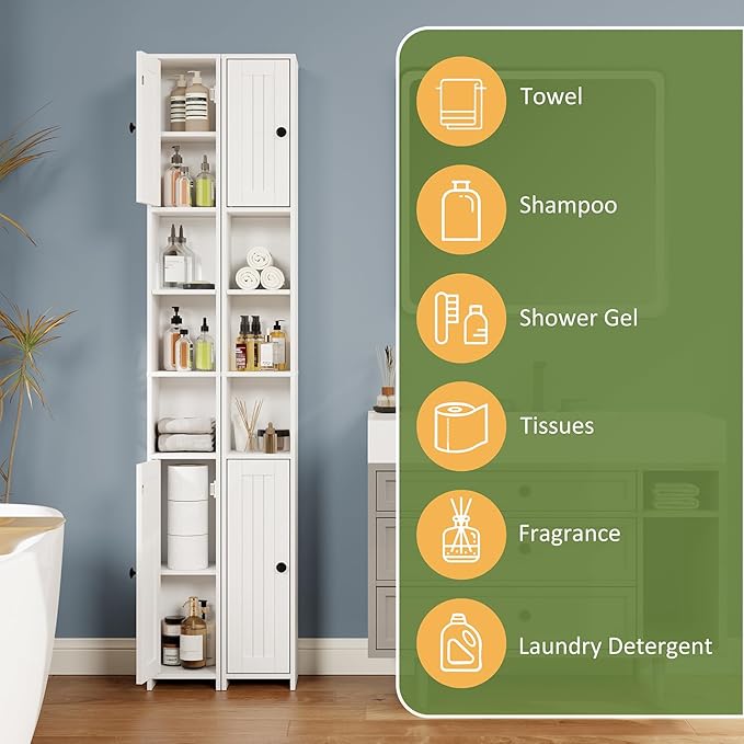 RRX Tall Slim Bathroom Storage Cabinet with 2 Doors,Adjustable Shelves,7.87''L*7.87''W*67''H, Narrow Cabinet with Anti-Tip for Toilet Paper Corner,Small Spaces, Kitchen,Bathroom (Milky White)