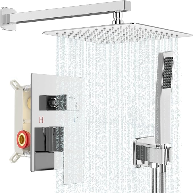 Shower Faucet Set Bathroom Square Rain Shower Head and Handle Set, Wall Mounted Shower Fixtures With Shower Valve and Trim Kit 12 inch Polished Chrom