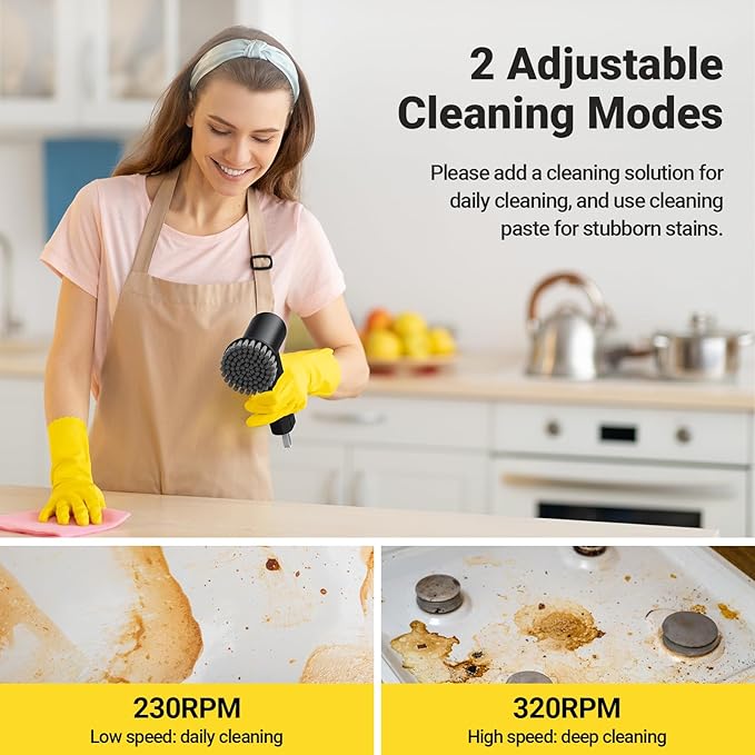 Electric Spin Scrubber, 2000 mAh Cordless Power Scrubber with 4 Replaceable Heads, 2 Speeds Portable Scrubber for Cleaning Sink/Stove/Corner/Tile/Grout/Bowl (Black)