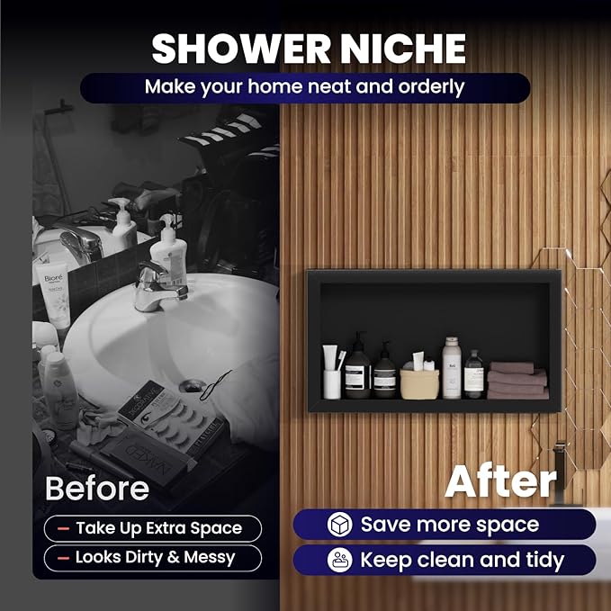 Stainless Steel Shower Niche 12" x 24", Single-Layer Wall Mounted No Tile Needed, Recessed Shower Niche with Hollow Partition, Shower Niches Shelf for Bathroom Organizer, Black