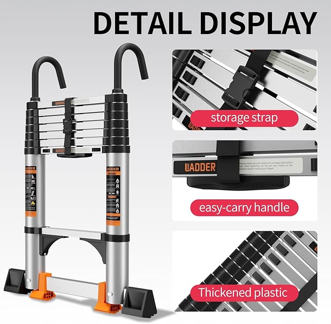 Telescoping Ladder,with Stable Hook and stabilizer barand,Extension Ladder, Heavy Duty 330lbs Max Capacity, Multi-Purpose Collapsible Ladder for RV or Outdoor Work (Aluminum, 12.5FT/3.8M(A-Button))