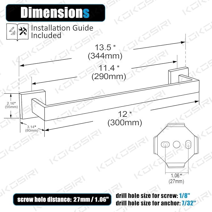 KOKOSIRI 12-Inch Single Towel Bar, Bathroom Kitchen Towel Holder, Wall Mounted SUS304 Stainless Steel Towel Rack 2 Pack, Matte Black, B4003BK-L12-P2