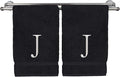 Monogrammed Hand Towel, Personalized Initial Gift, Extra Absorbent 100% Turkish Cotton - Soft Terry Finish - Set of 2 - White Block Initial J - Embroidered on Black Towels