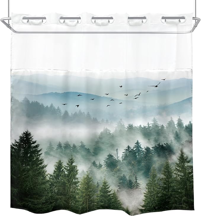 No Hook Green Shower Curtain with Snap in Fabric Liner，72Wx72H Inch Nature Mountain，Hookless Double Layer Shower Curtain and Liner Set，Pine Tree Scenery Waterproof Cloth Shower Curtains Washable
